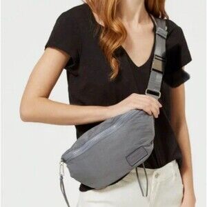 Rebecca Minkoff womens Fanny Pack Nylon Leather Accent Belt Bag Chrome Clip Gray